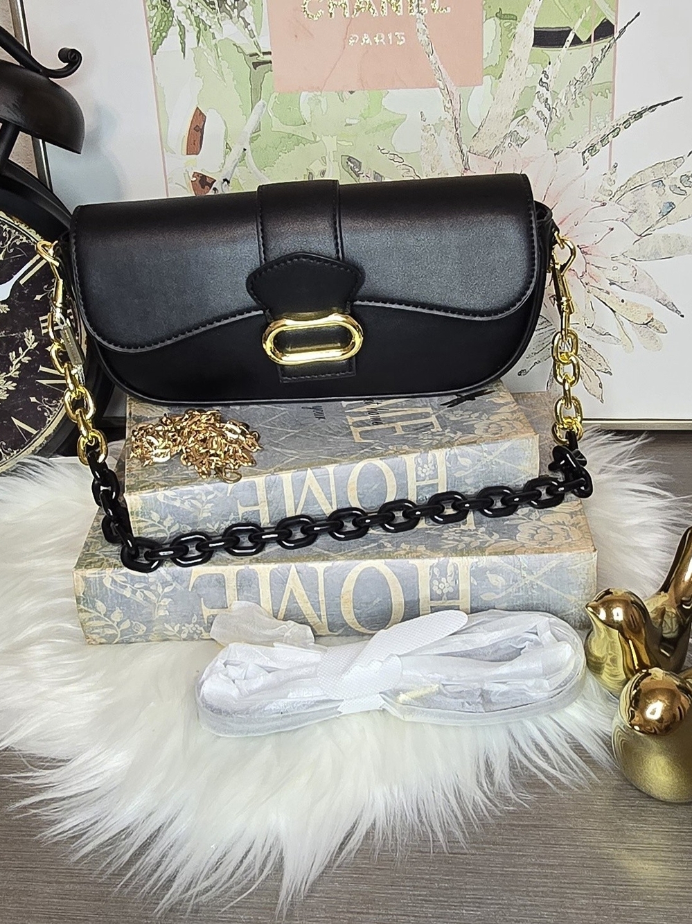 3 Way Sling Chain Clutch Black Women's Shoulder Bag, 3 Straps Included